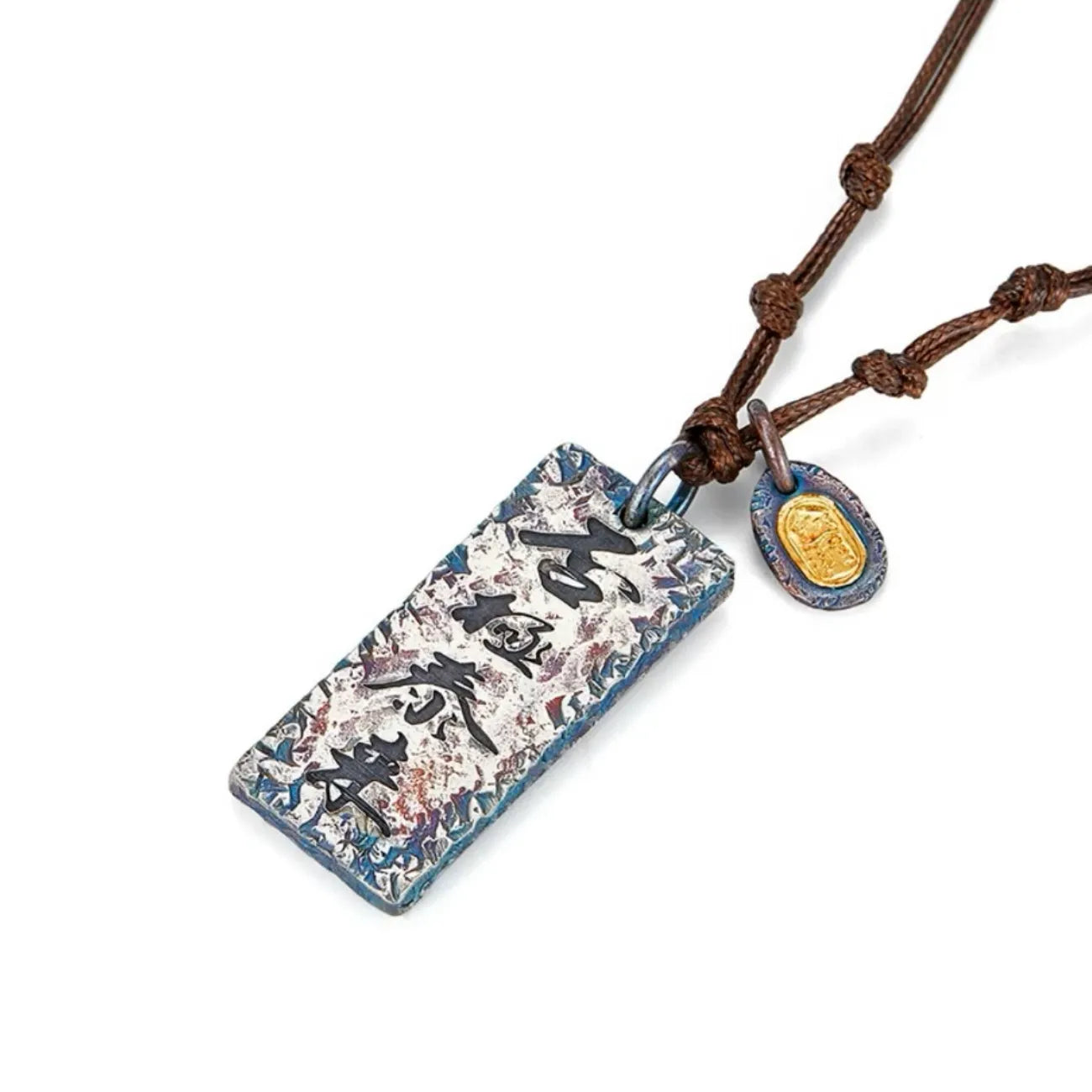 Angled shot of the silver fortune necklace showing the rugged bronze texture and golden seal detail