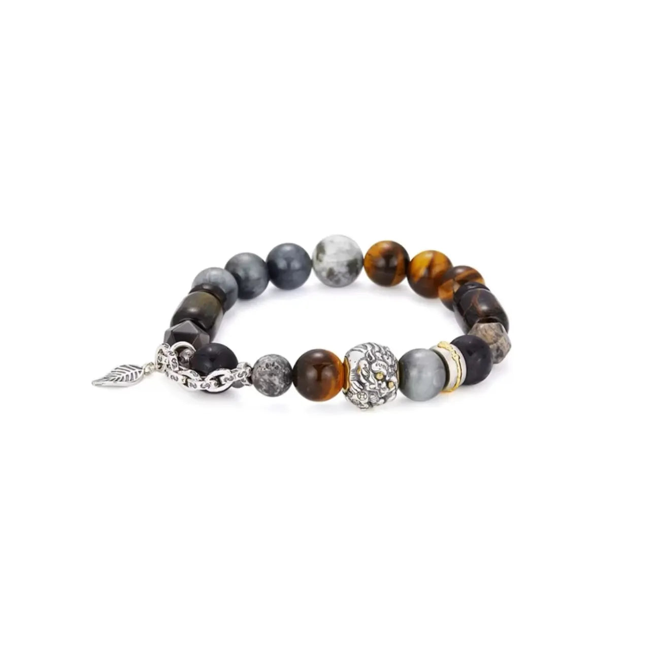 Front view of the Guardian bracelet featuring a silver Pixiu bead for wealth, surrounded by Yellow and Blue Tiger's Eye stones