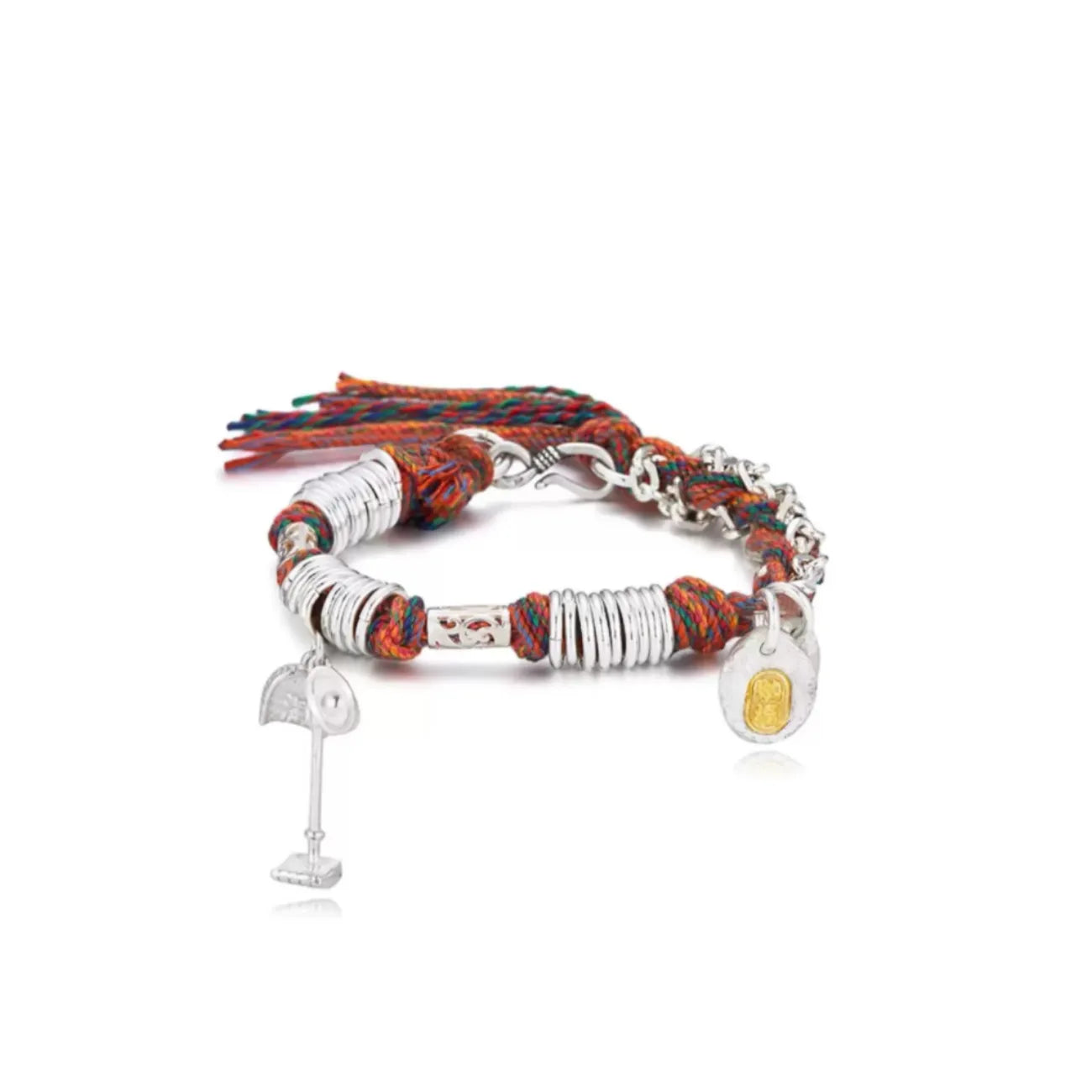 Front view of the colorful braided bracelet featuring a unique silver shovel charm and silver wire wrapping