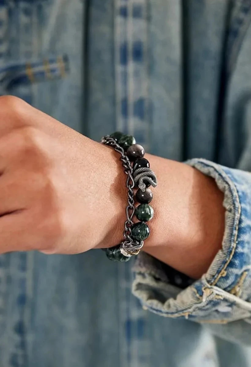 A casual daily wear shot, demonstrating how the dark tones of the bracelet complement a rugged, urban lifestyle