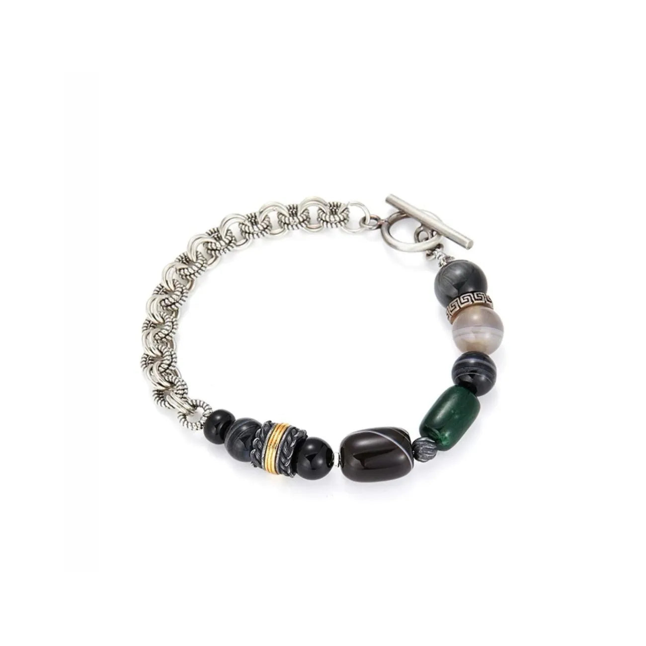 Back view focusing on the secure sterling silver toggle clasp and the intricate texture of the oxidized wheat chain