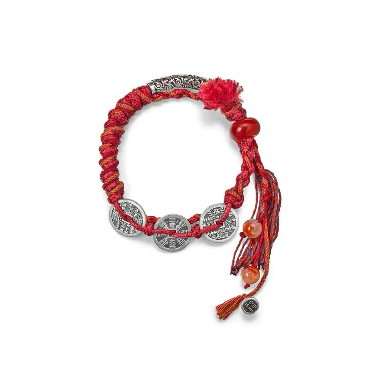 Side profile showing the engraved silver tube charm featuring traditional cloud patterns for good luck