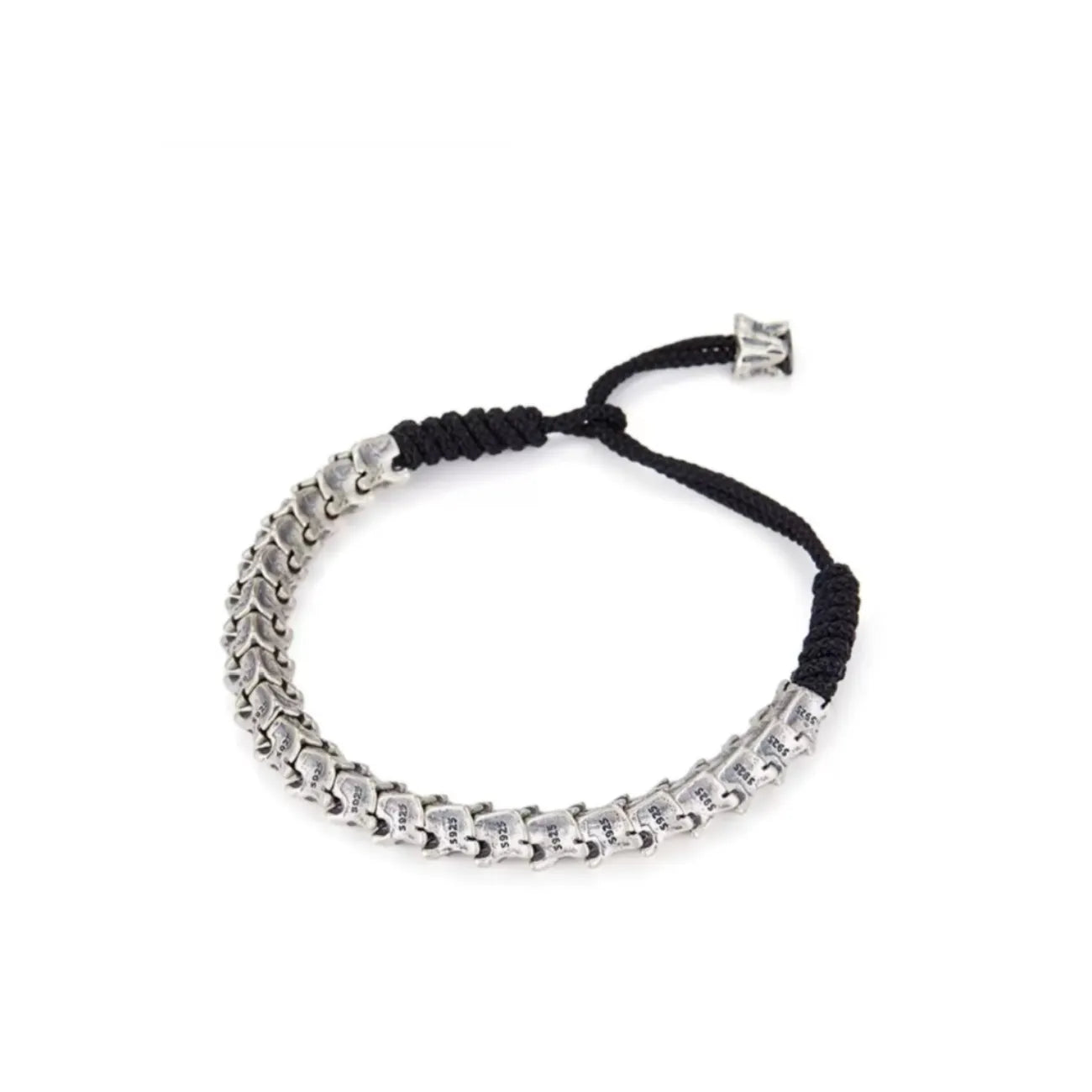 Front view of the hybrid bracelet featuring sterling silver bone-shaped links on a black cotton cord