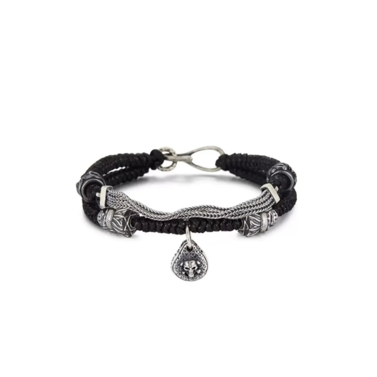 Front view of the multi-strand bracelet featuring a silver skull charm and layered silver chains on black waxed cotton