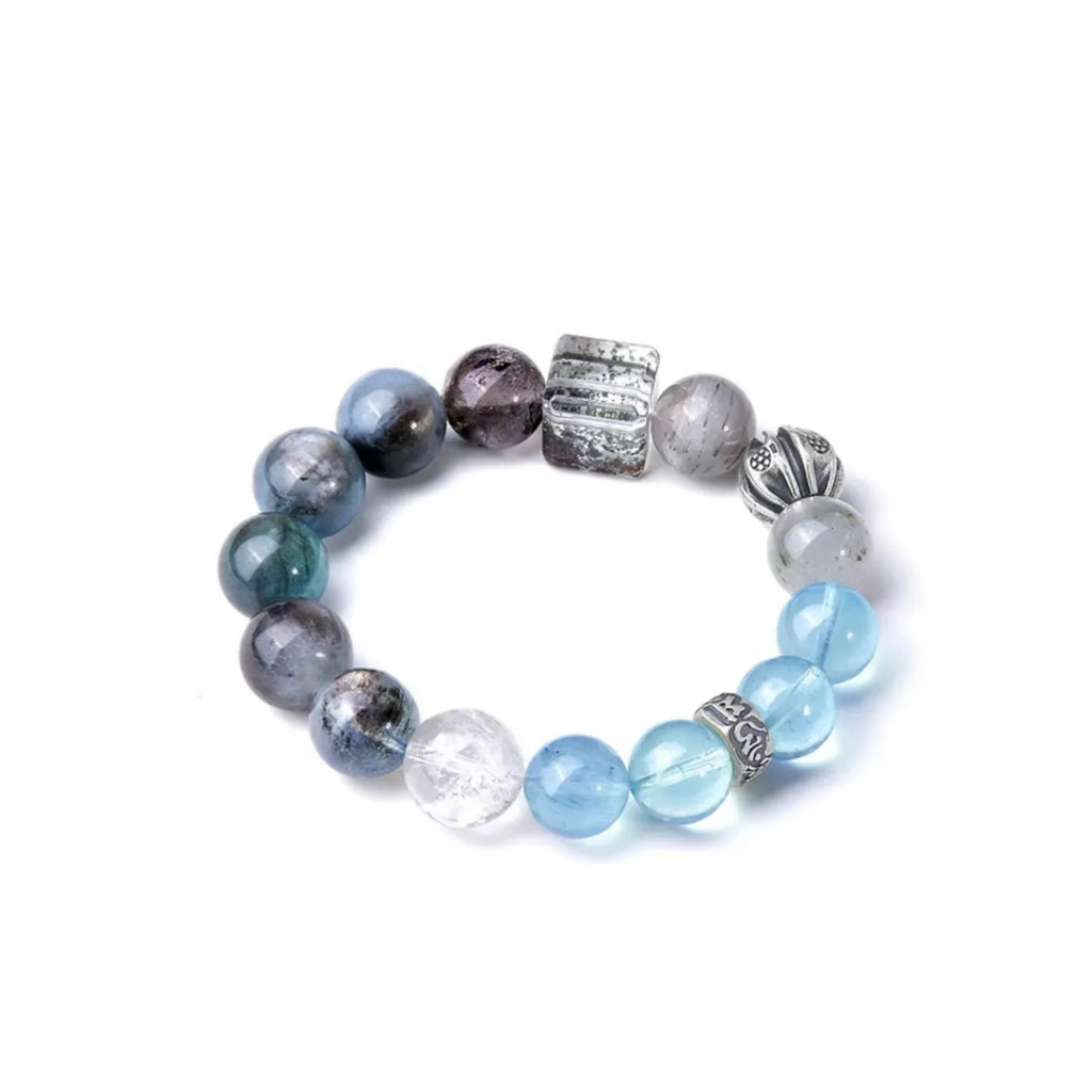 Back view highlighting the detailed sterling silver melon bead and spacer ring amidst the natural gemstones