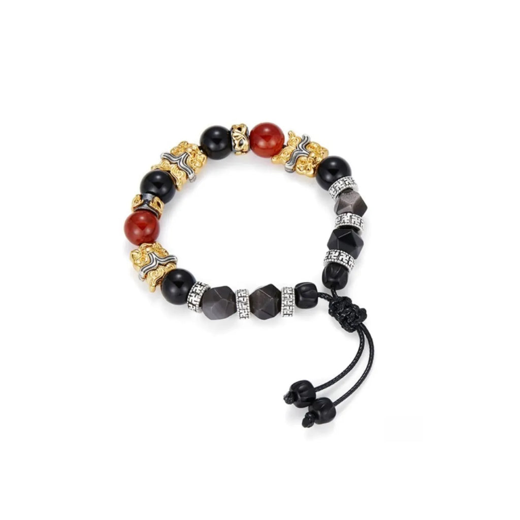 Back view displaying the durable black waxed cotton cord with an adjustable knot and Buddhist 'Wan' symbol spacers