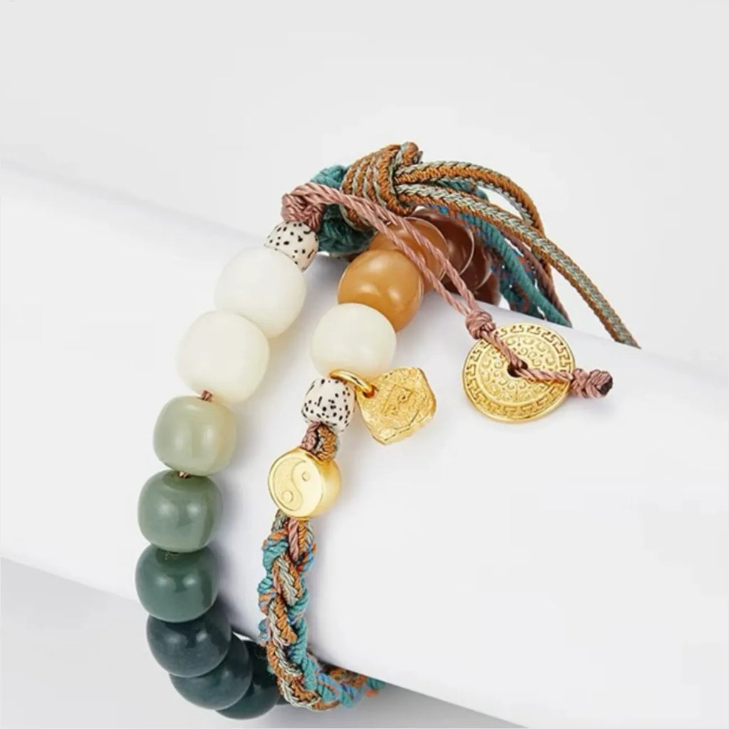 Top-down view displaying the two-tone woven cotton rope intertwining with the natural stone beads