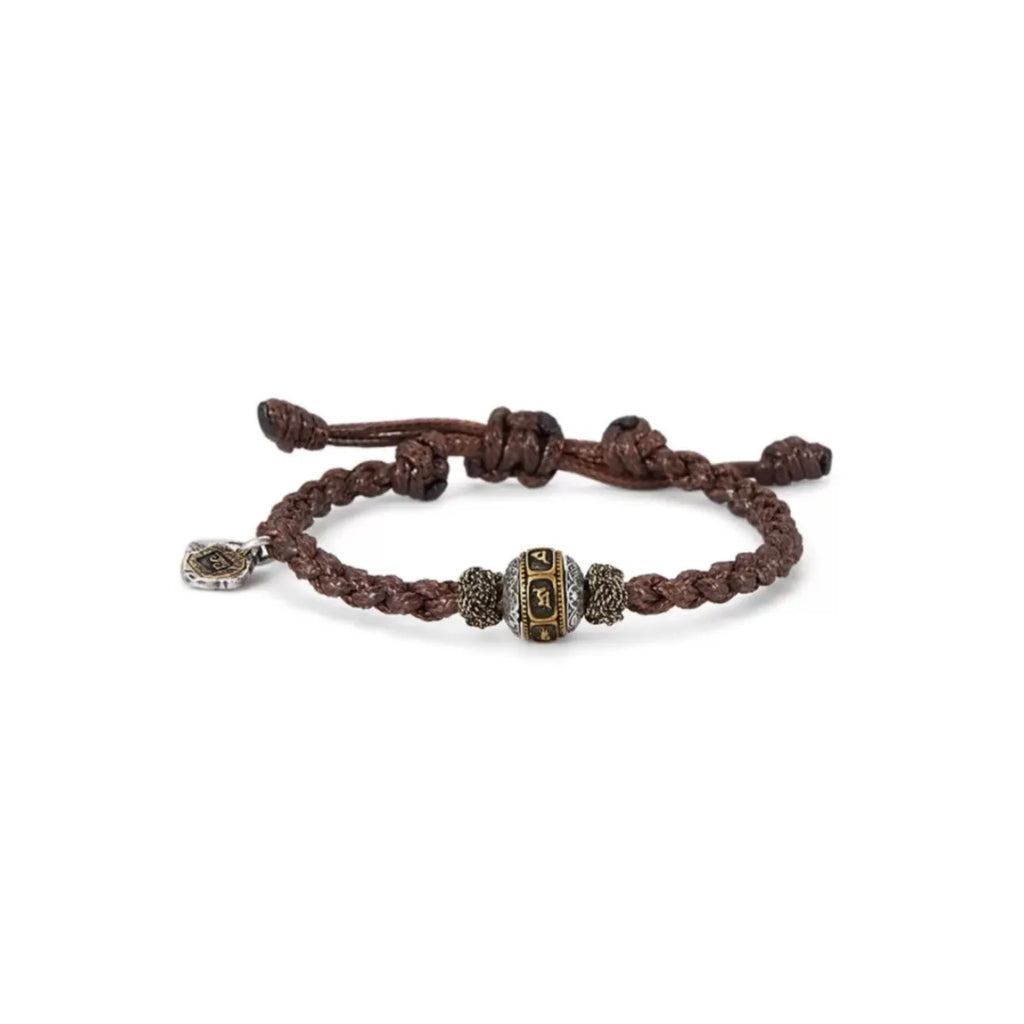 Front view of the brown waxed cotton bracelet featuring a central silver bead with gold mantra inscriptions