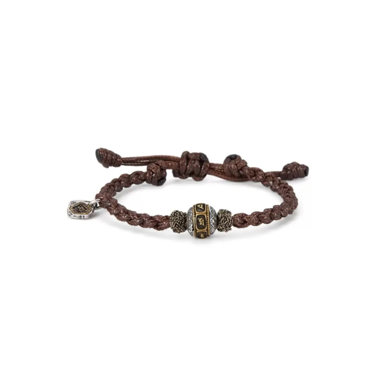 Front view of the brown waxed cotton bracelet featuring a central silver bead with gold mantra inscriptions
