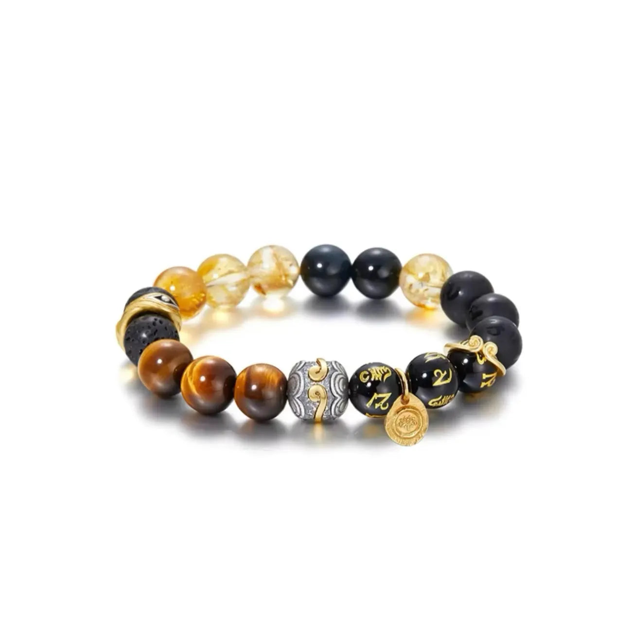 Front view of the Destiny Bracelet, a power combination of yellow tiger eye, citrine/opal, and black obsidian beads