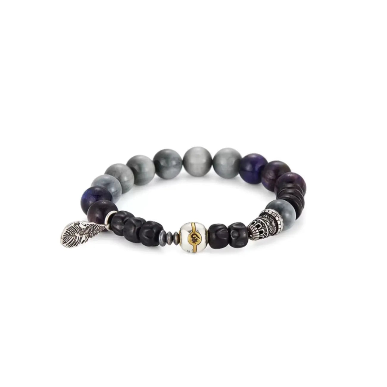 Front view of the meditation bracelet featuring grey eagle eye, purple tiger eye, and carved black bodhi beads