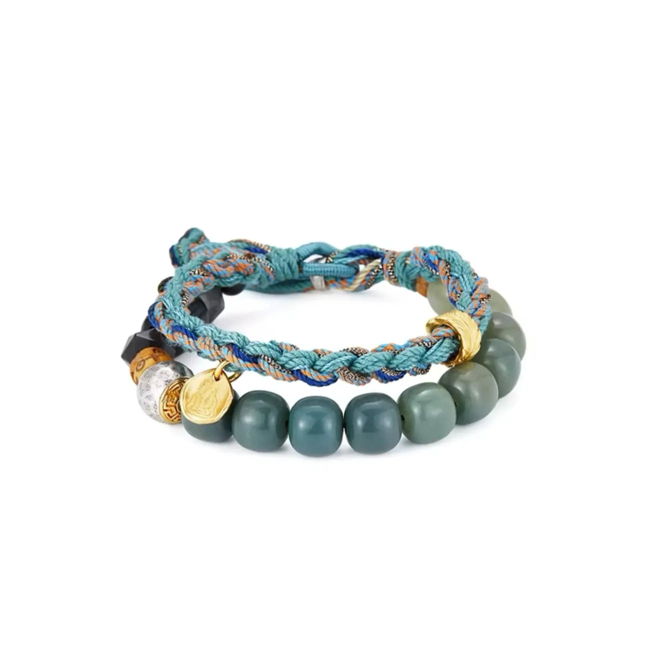 Front view of the Prajna Bracelet, showcasing the hybrid design of moss green opal beads and teal cotton rope with a gold Buddha charm