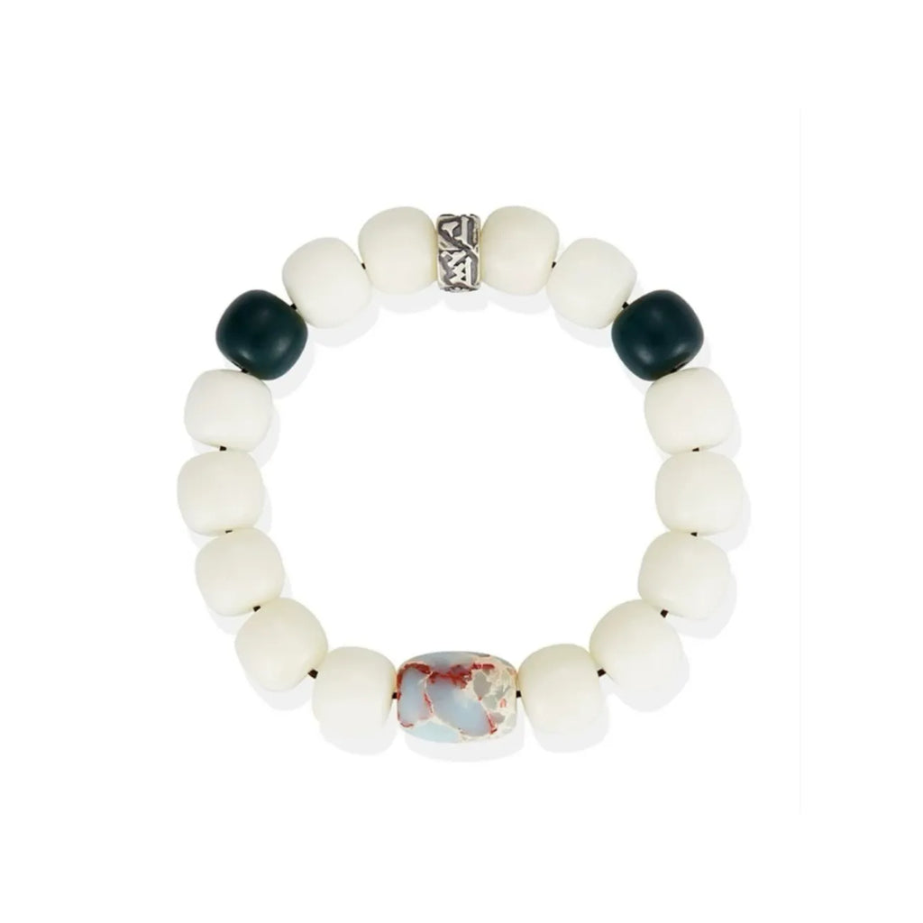 Top-down view of the elastic beaded bracelet, designed for comfort during yoga and meditation practices