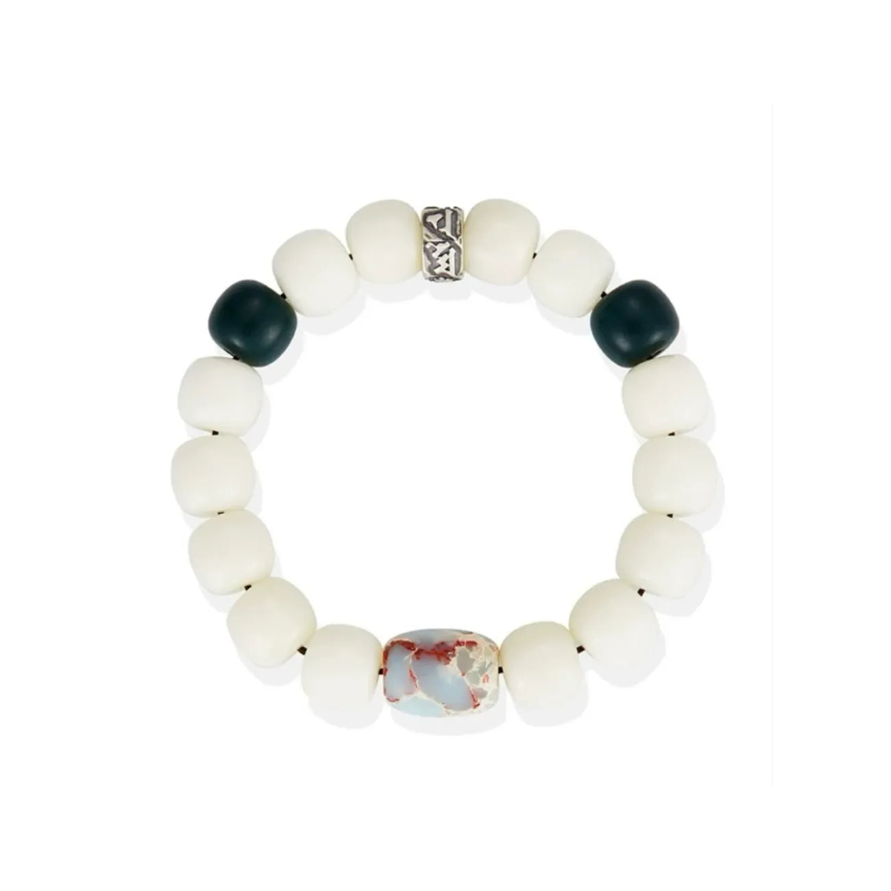 Top-down view of the elastic beaded bracelet, designed for comfort during yoga and meditation practices