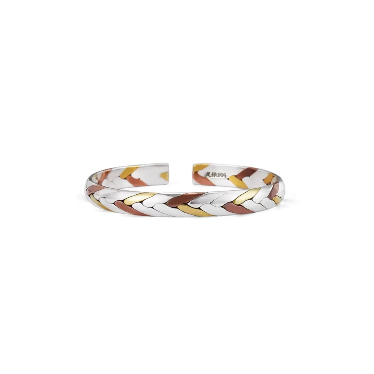Front view of the open cuff bangle featuring a woven design with intertwining silver, gold, and red copper strands
