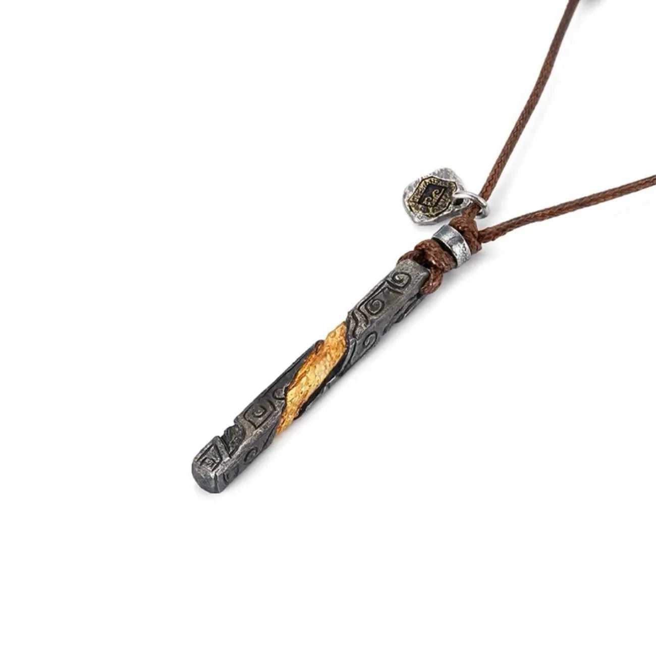 Side view of the twisted rectangular pillar pendant showing intricate scroll relief patterns