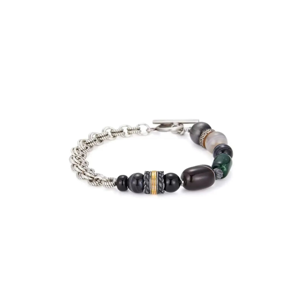 Front view of the Chasing bracelet, featuring a hybrid design of silver wheat chain and mixed agate gemstones