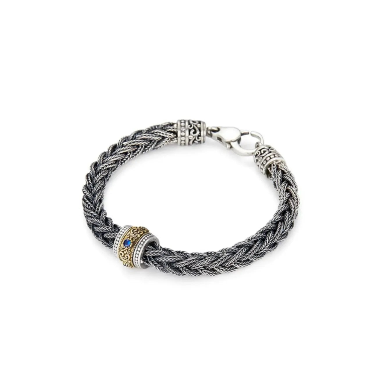 Side profile showing the intricate filigree details on the bronze and silver barrel bead