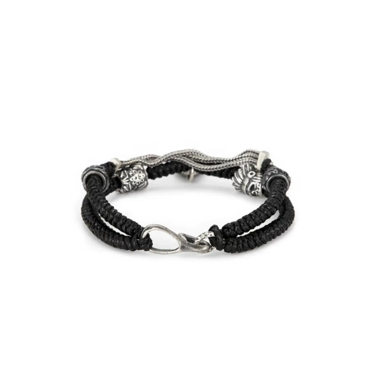 Back view displaying the vintage-style silver hook clasp and the durable black macrame construction