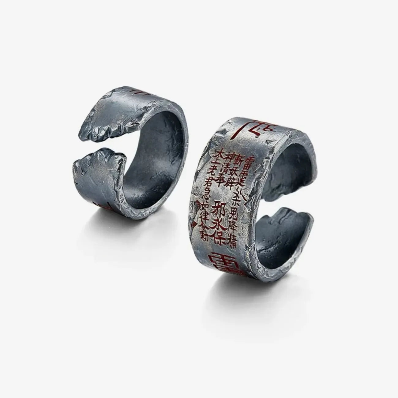 Front view of the silver Taoism amulet ring featuring engraved cinnabar vermilion characters