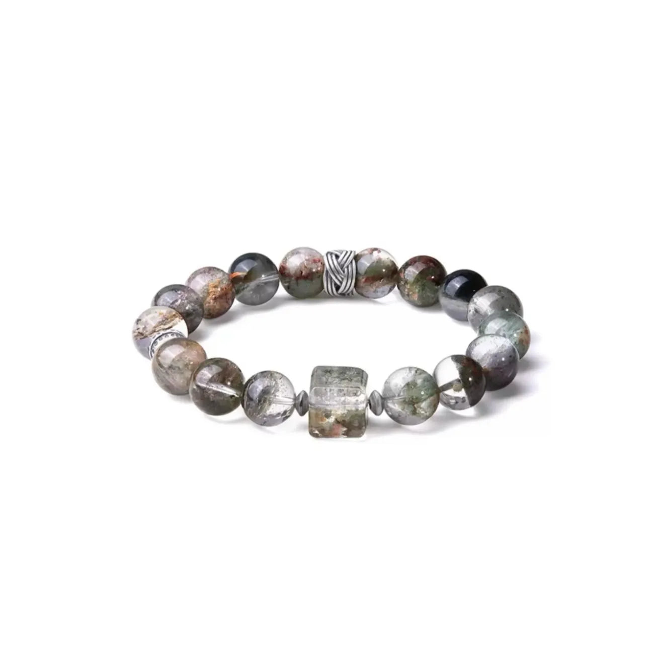 Front view showing the unique moss-like inclusions inside the clear Green Phantom Quartz beads