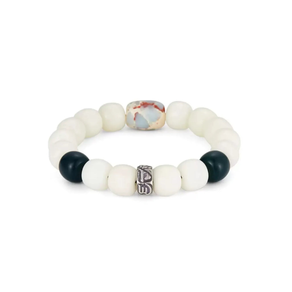 Front view of the "Boundless" bracelet featuring natural White Bodhi Root beads and a central Imperial Jasper stone for healing