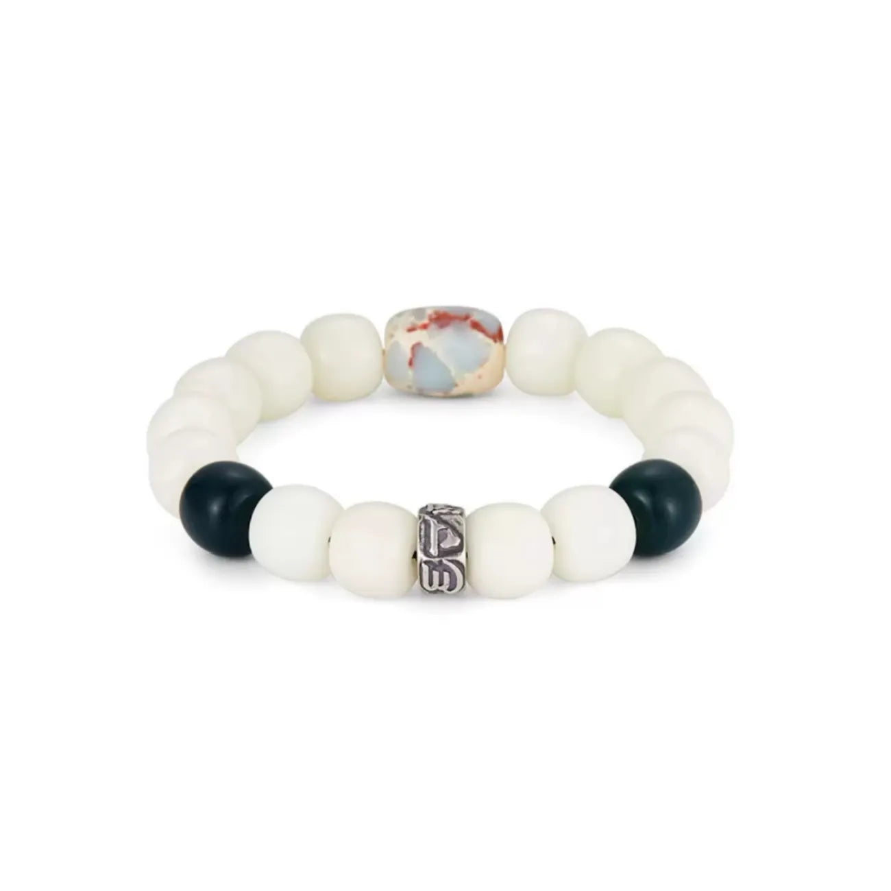 Front view of the "Boundless" bracelet featuring natural White Bodhi Root beads and a central Imperial Jasper stone for healing