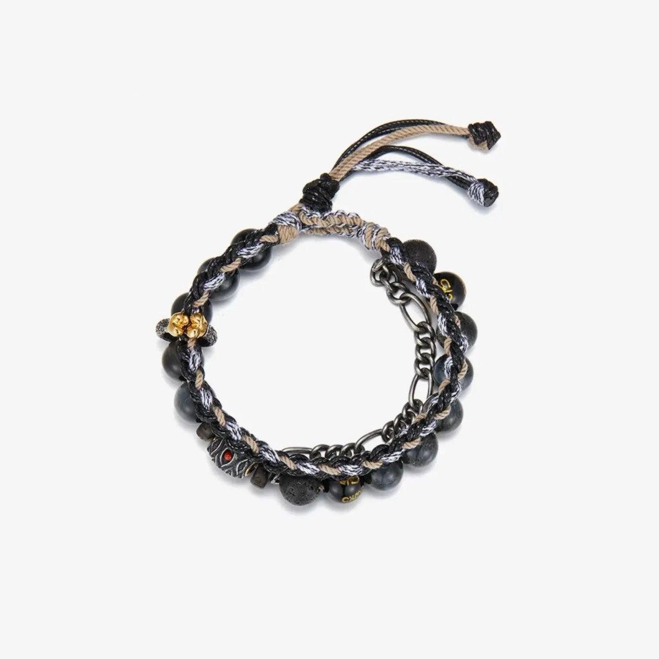 Top-down view of the hybrid design, combining traditional Buddhist mantra beads with modern industrial chain elements